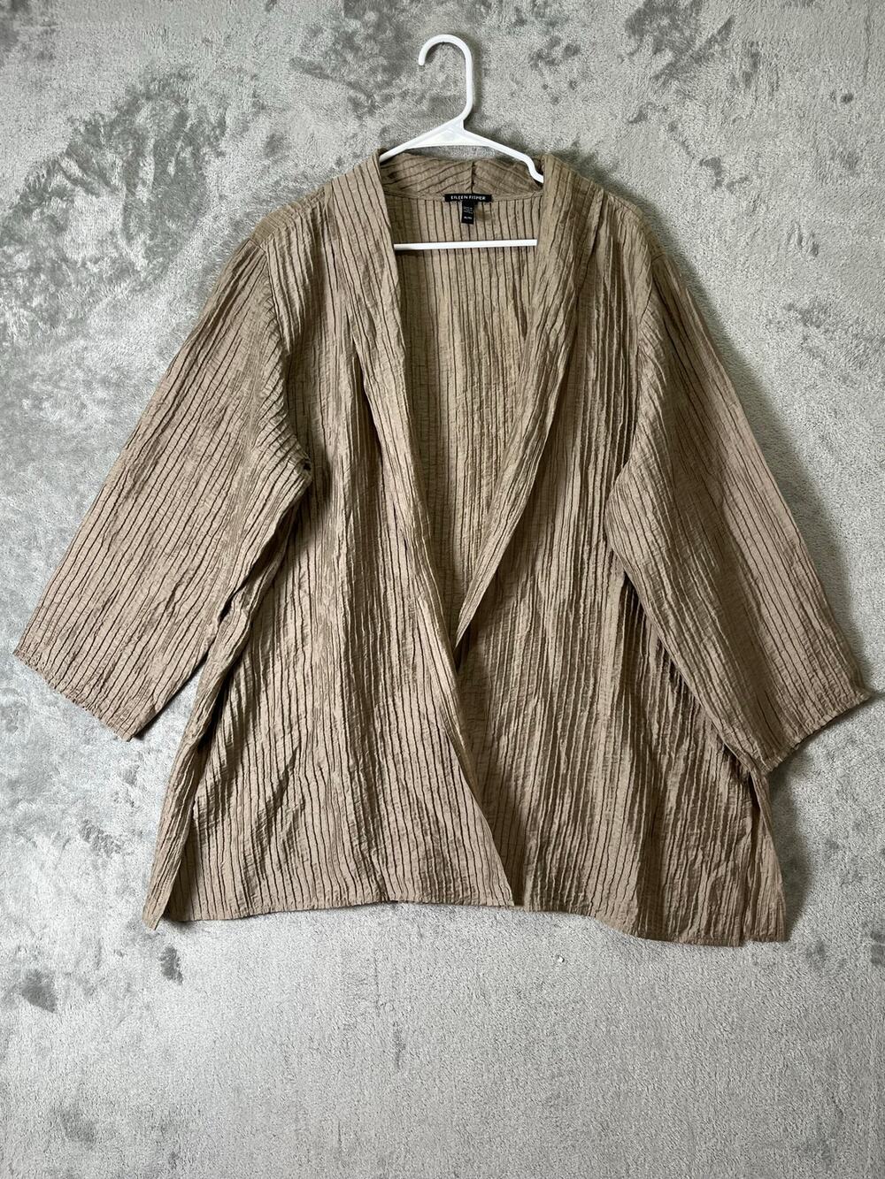 Eileen Fisher Women’s Taupe Textured High Collar Open Front Jacket Lagenlook XL